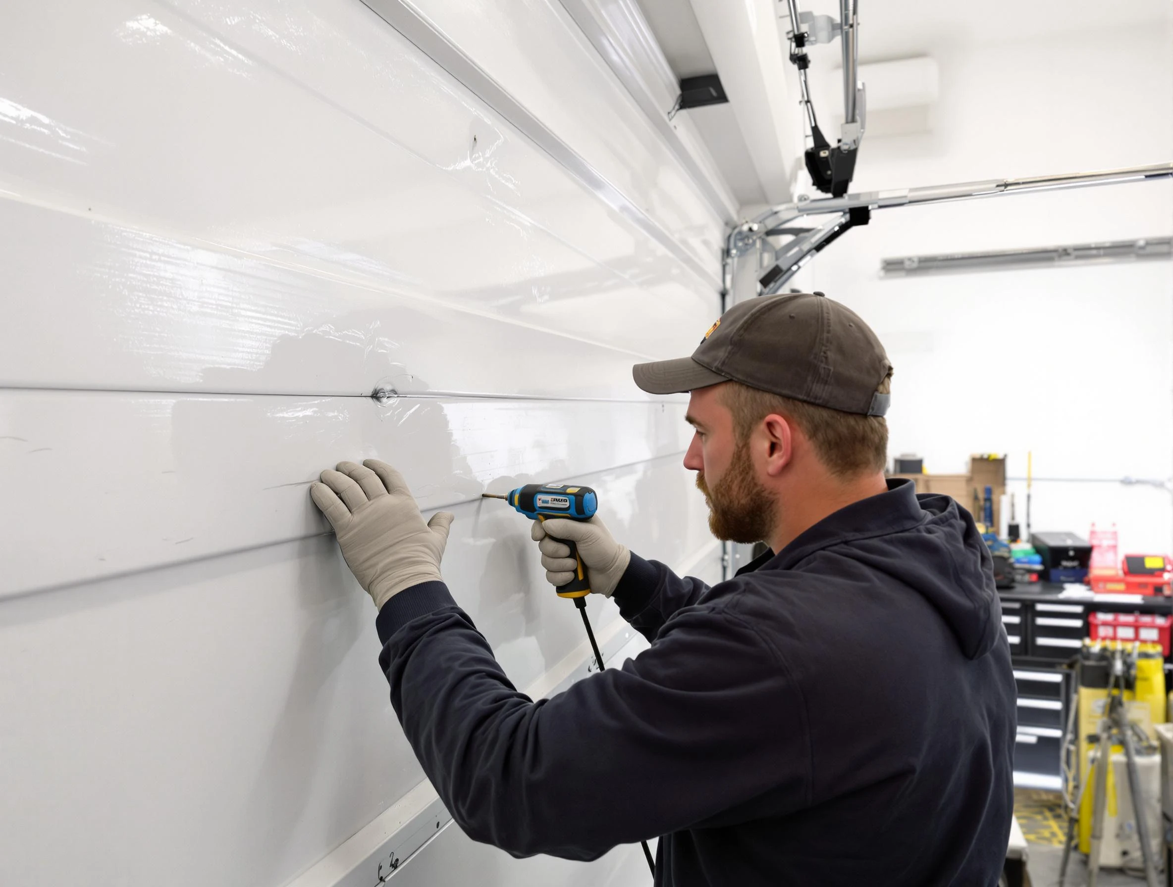 Vineyard Garage Door Repair technician demonstrating precision dent removal techniques on a Vineyard garage door